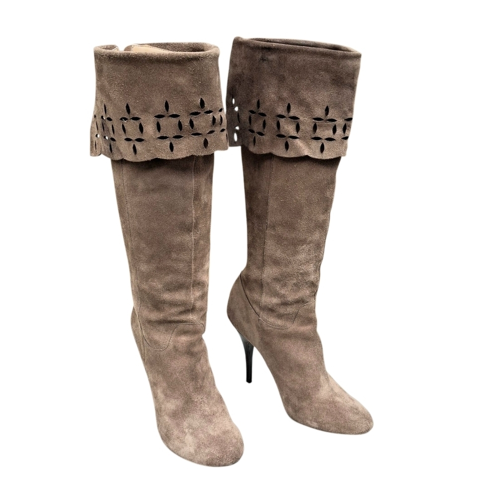 Beverly Feldman Suede Tan Laser-Cut Detail Zippered Knee High Boots Women Size 9
